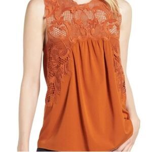 Chelsea 28 Brunt Orange Sleeveless Lace Blouse Womens Size XS Back Buttoned Top